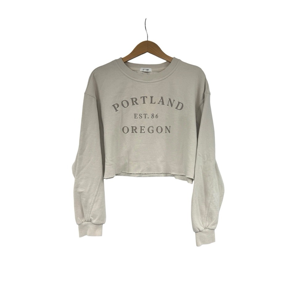 Garage Beige Cropped Embroidered Fleece Sweatshirt Portland Womens M